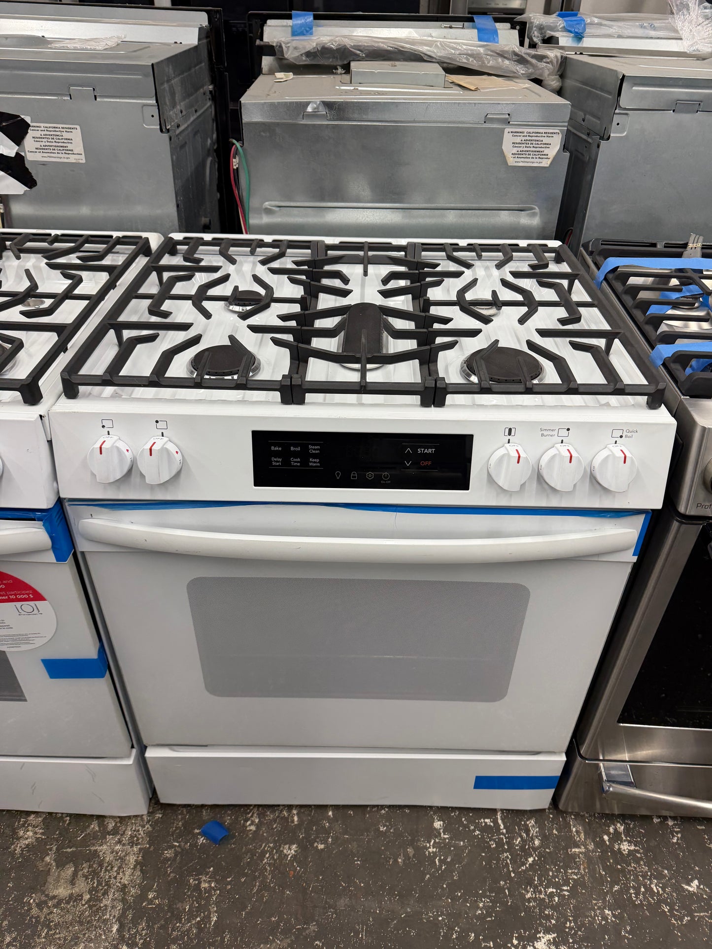 Frigidaire
30 in. 5 Burners Slide in Front Control Gas Range with Steam Clean in White