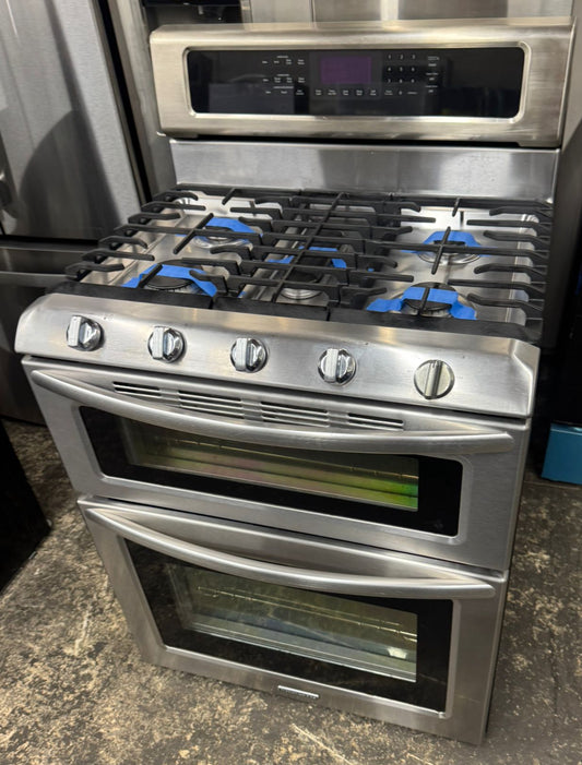 KitchenAid 30-in 4.2-cu ft / 2.5-cu ft Self-cleaning Double Oven Gas Range (Stainless Steel) #KDRS505XSS
