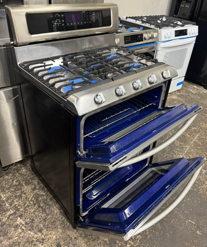 KitchenAid 30-in 4.2-cu ft / 2.5-cu ft Self-cleaning Double Oven Gas Range (Stainless Steel) #KDRS505XSS